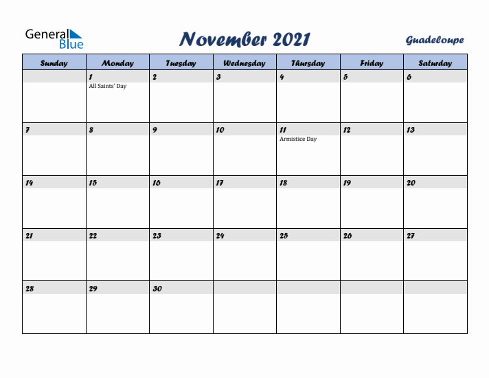 November 2021 Calendar with Holidays in Guadeloupe