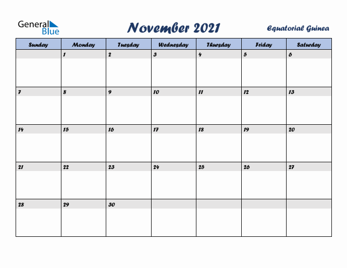 November 2021 Calendar with Holidays in Equatorial Guinea