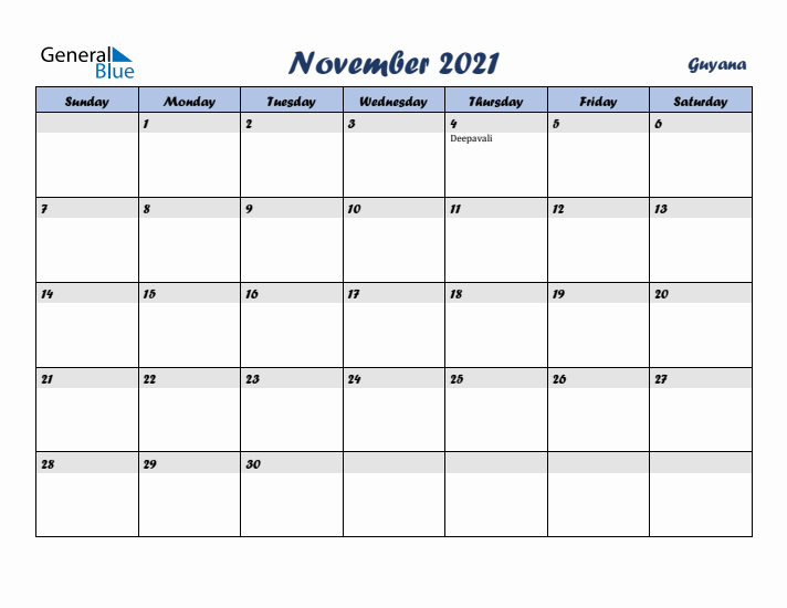 November 2021 Calendar with Holidays in Guyana