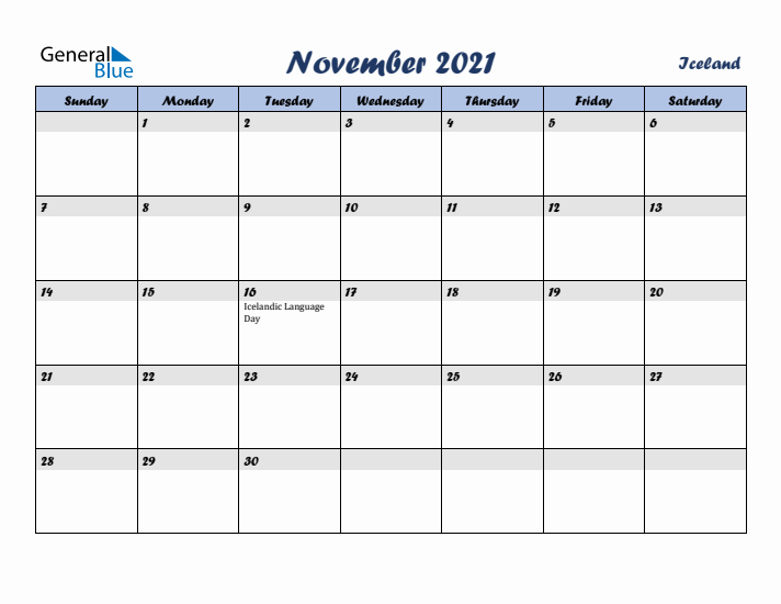 November 2021 Calendar with Holidays in Iceland