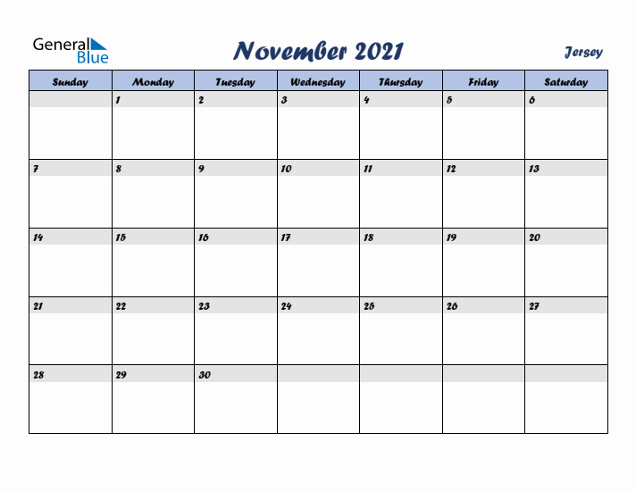 November 2021 Calendar with Holidays in Jersey