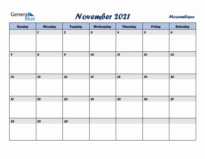 November 2021 Calendar with Holidays in Mozambique