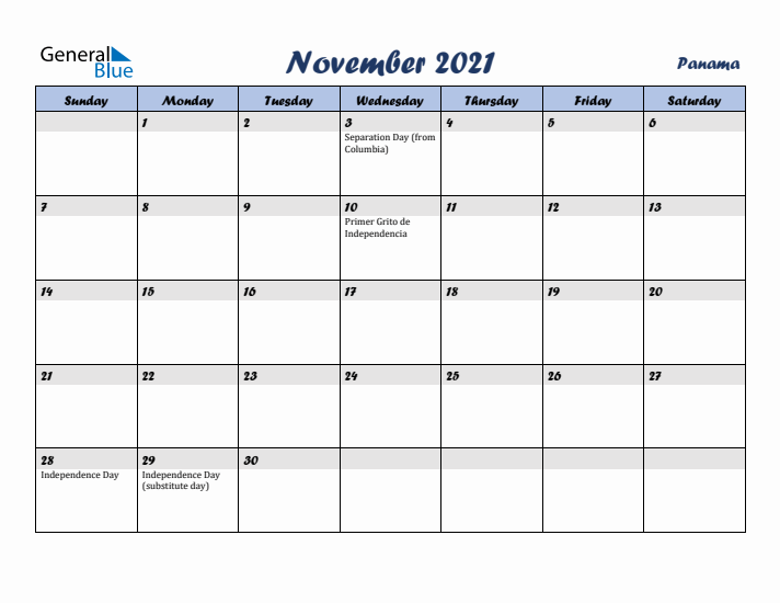 November 2021 Calendar with Holidays in Panama