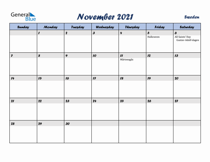 November 2021 Calendar with Holidays in Sweden