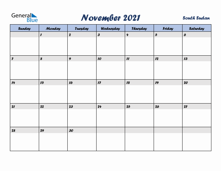 November 2021 Calendar with Holidays in South Sudan