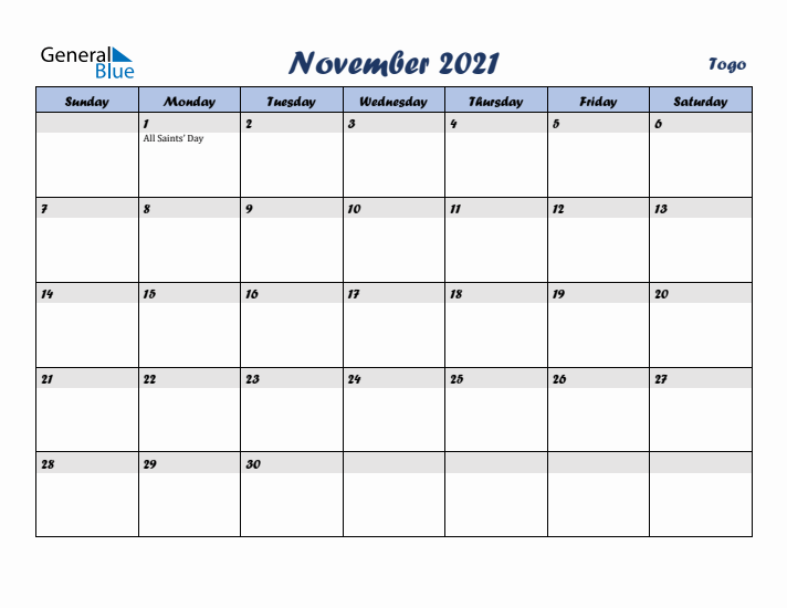 November 2021 Calendar with Holidays in Togo