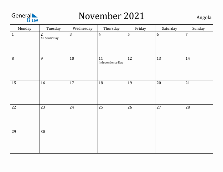 November 2021 Calendar Angola