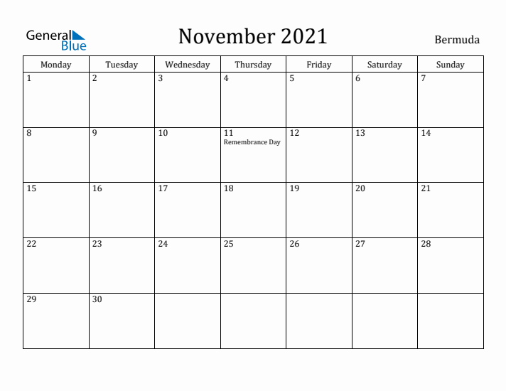 November 2021 Calendar Bermuda