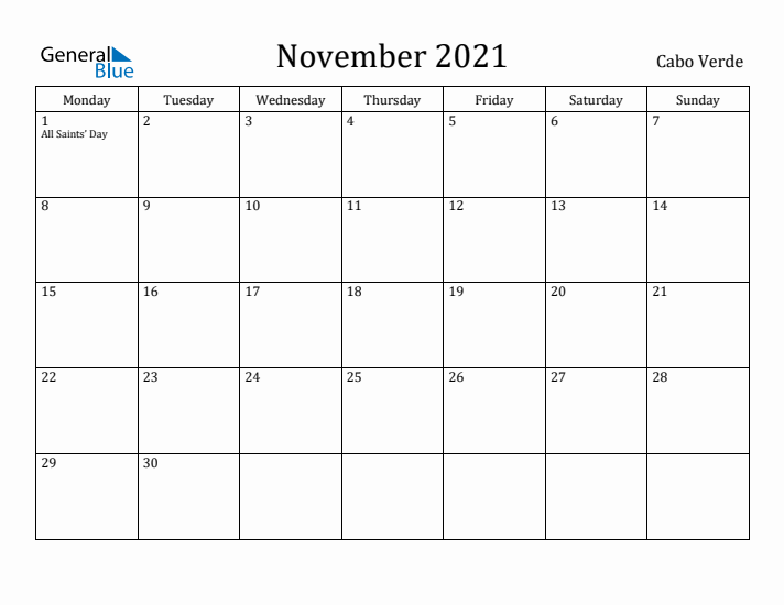 November 2021 Calendar Cabo Verde