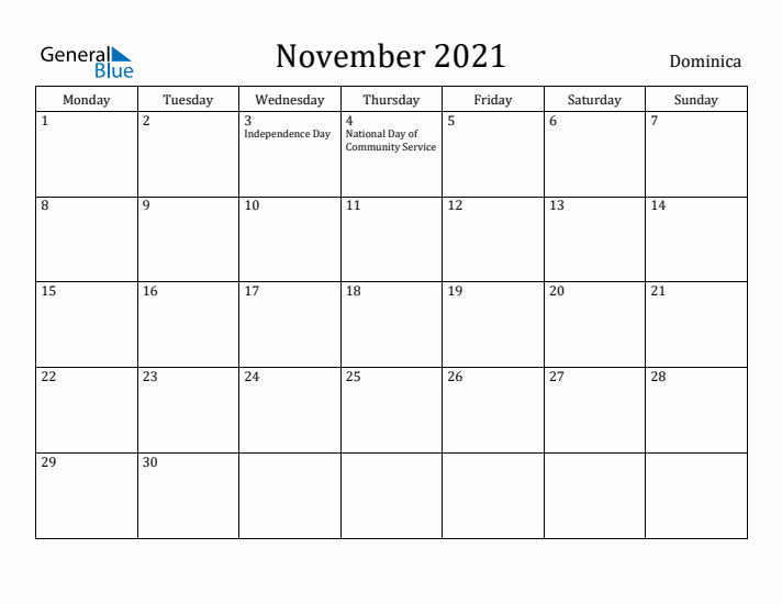 November 2021 Calendar Dominica