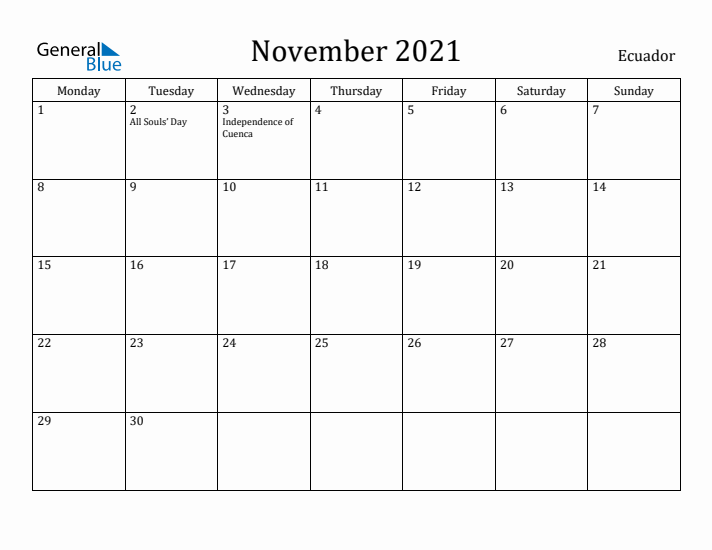 November 2021 Calendar Ecuador