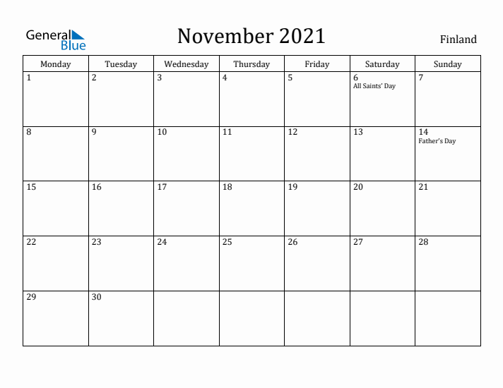 November 2021 Calendar Finland