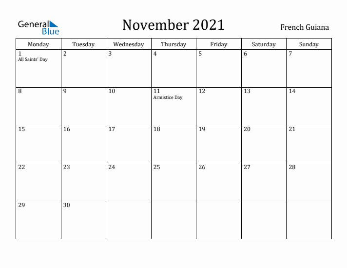 November 2021 Calendar French Guiana