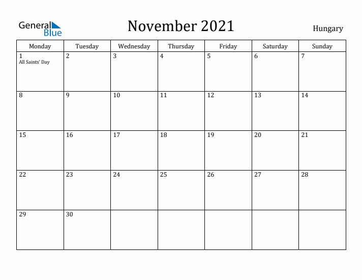 November 2021 Calendar Hungary