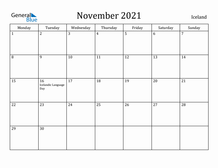 November 2021 Calendar Iceland