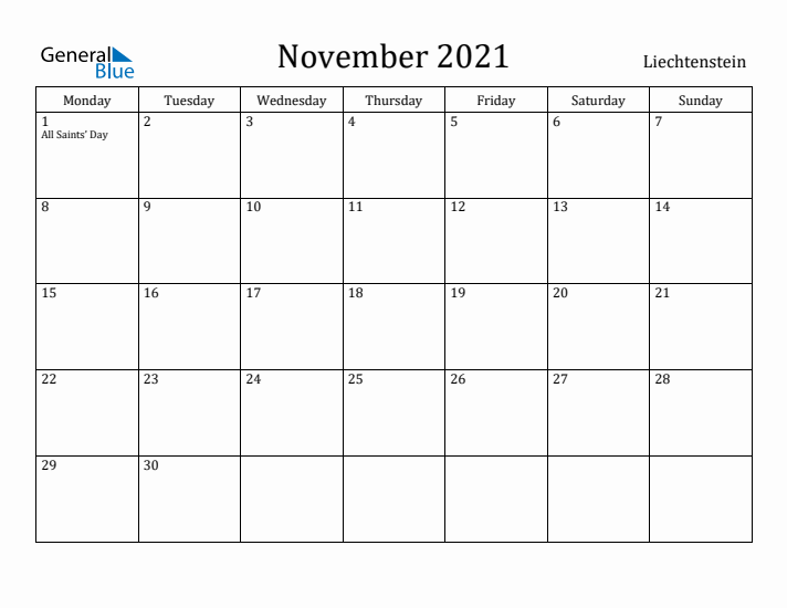 November 2021 Calendar Liechtenstein