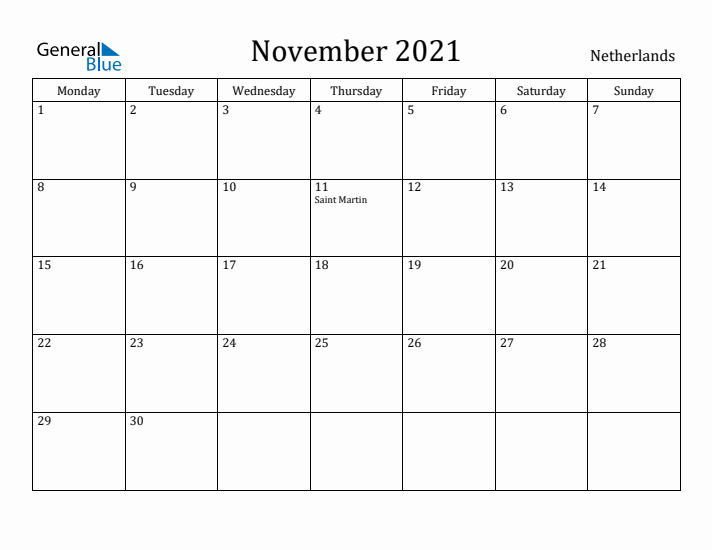 November 2021 Calendar The Netherlands