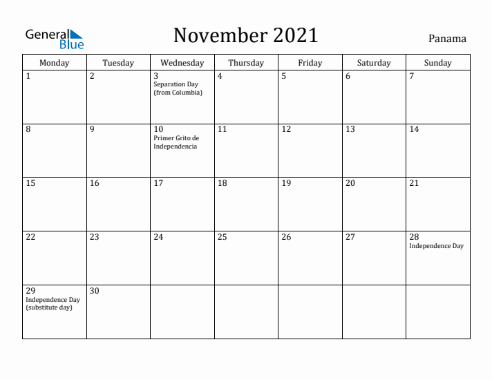 November 2021 Calendar Panama