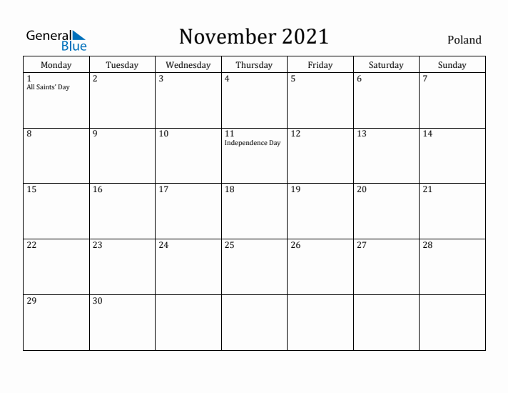 November 2021 Calendar Poland