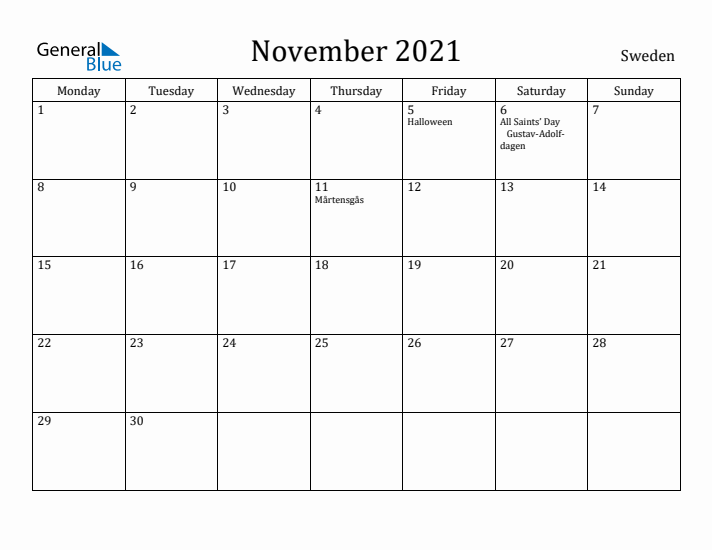 November 2021 Calendar Sweden