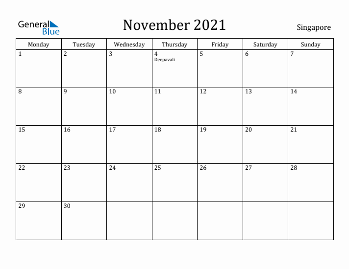 November 2021 Calendar Singapore