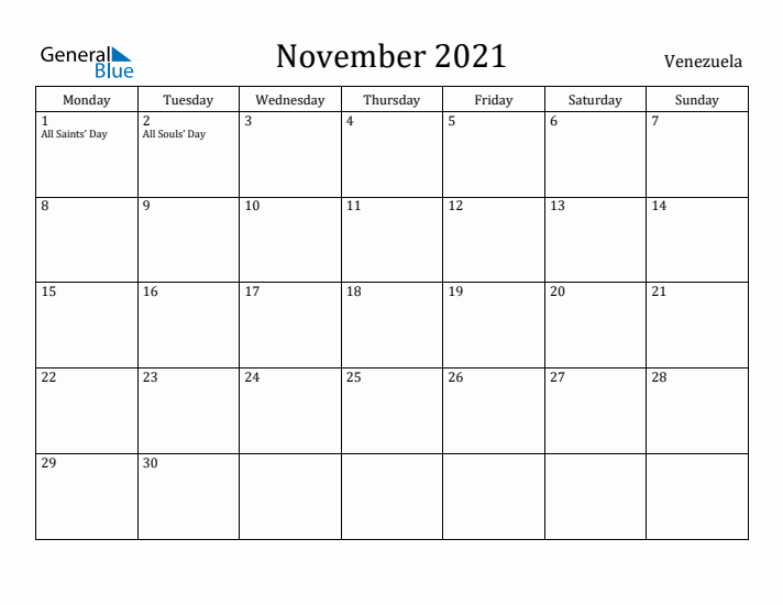 November 2021 Calendar Venezuela