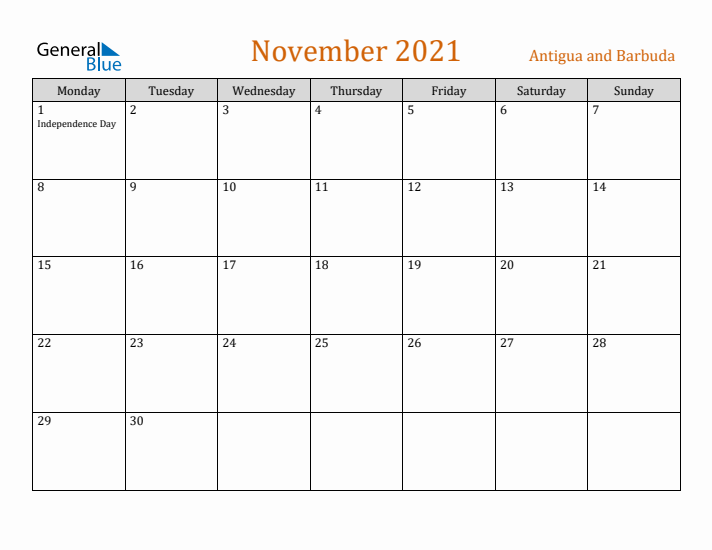 November 2021 Holiday Calendar with Monday Start