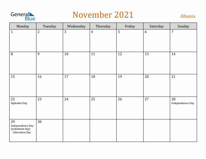 November 2021 Holiday Calendar with Monday Start