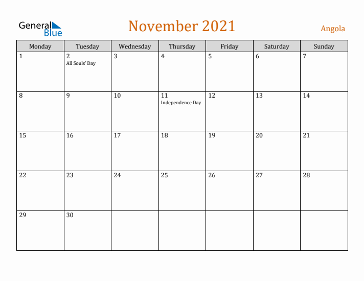 November 2021 Holiday Calendar with Monday Start