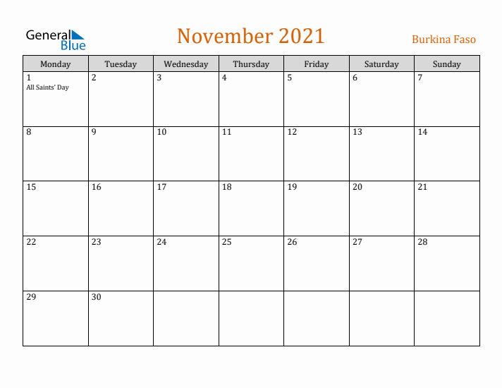 November 2021 Holiday Calendar with Monday Start