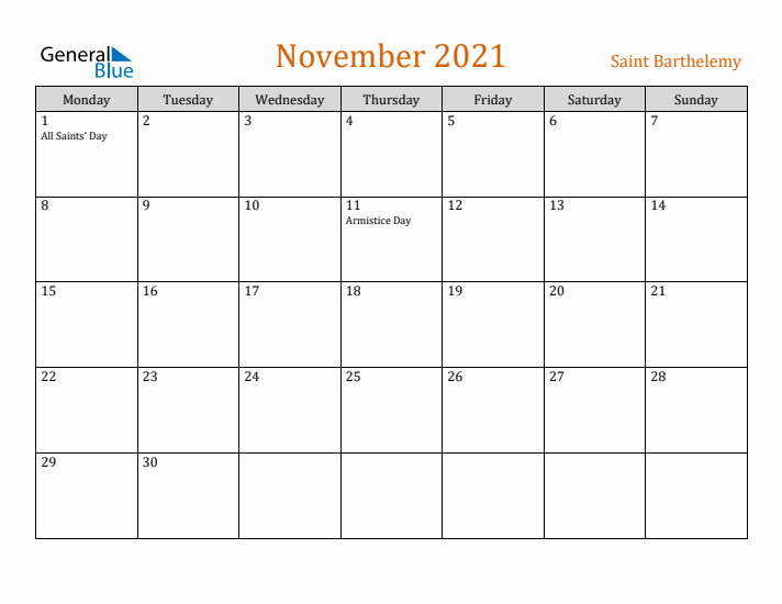 November 2021 Holiday Calendar with Monday Start