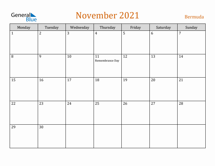 November 2021 Holiday Calendar with Monday Start