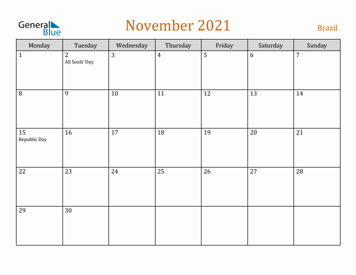 November 2021 Holiday Calendar with Monday Start