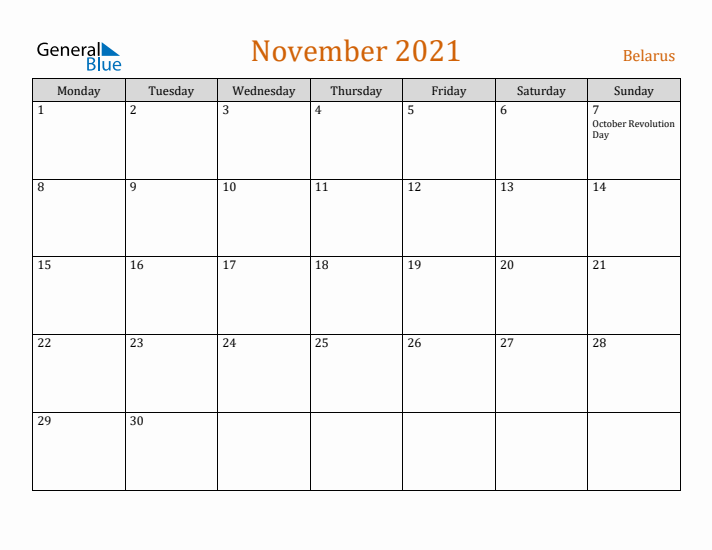 November 2021 Holiday Calendar with Monday Start