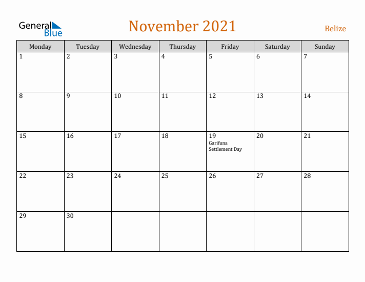 November 2021 Holiday Calendar with Monday Start