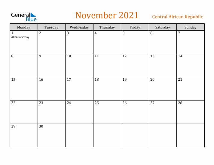 November 2021 Holiday Calendar with Monday Start