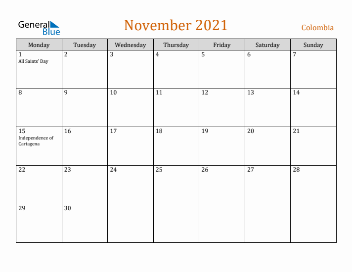 November 2021 Holiday Calendar with Monday Start