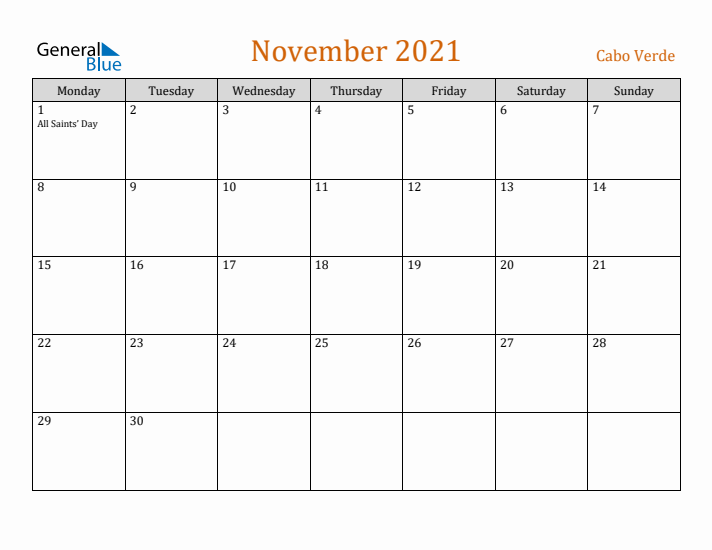 November 2021 Holiday Calendar with Monday Start