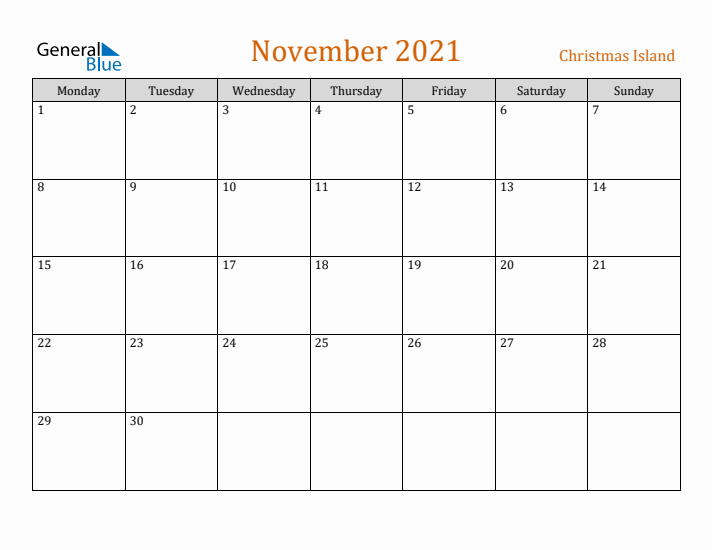 November 2021 Holiday Calendar with Monday Start