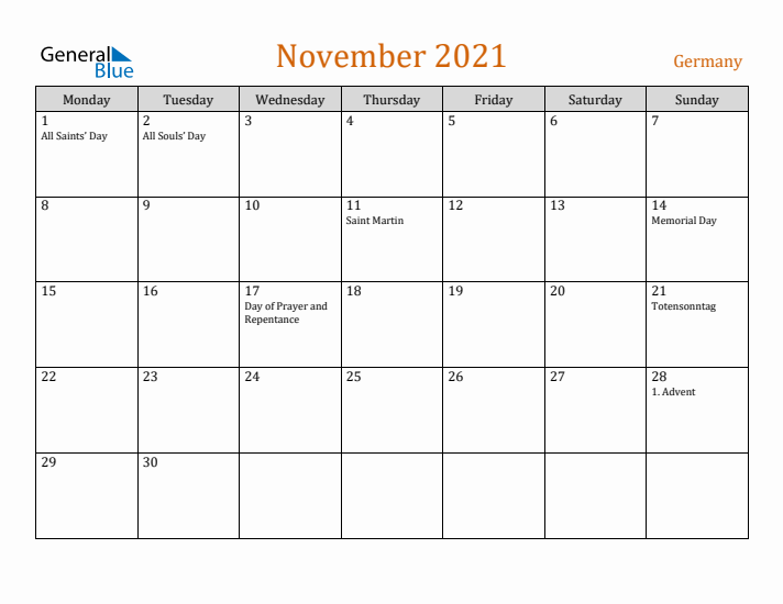 November 2021 Holiday Calendar with Monday Start