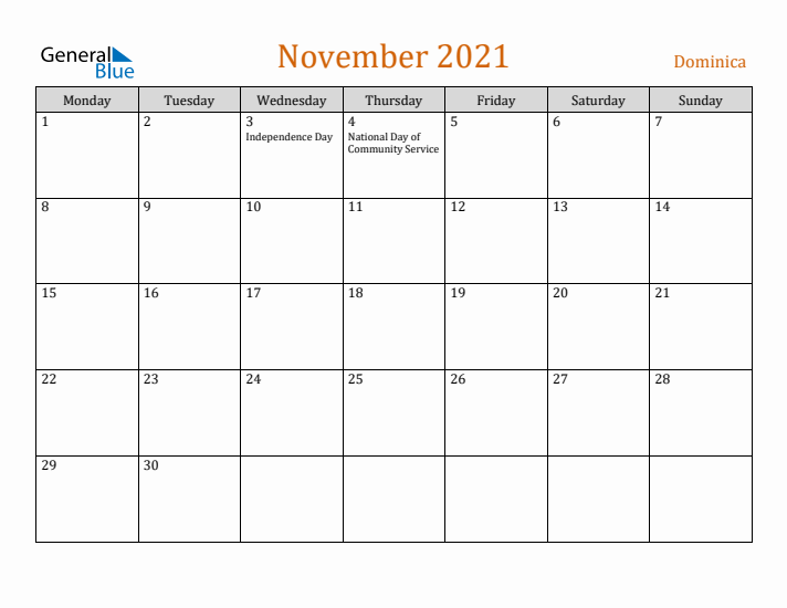 November 2021 Holiday Calendar with Monday Start