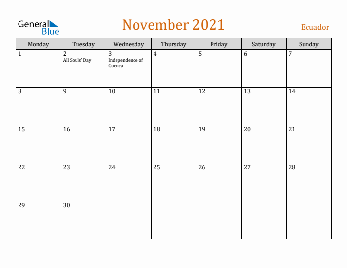 November 2021 Holiday Calendar with Monday Start