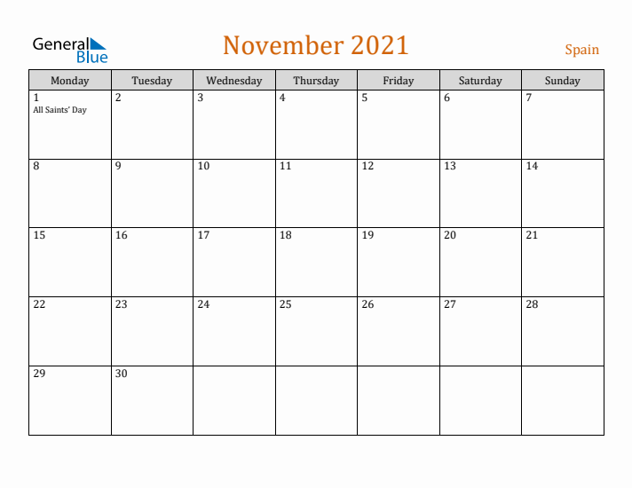 November 2021 Holiday Calendar with Monday Start