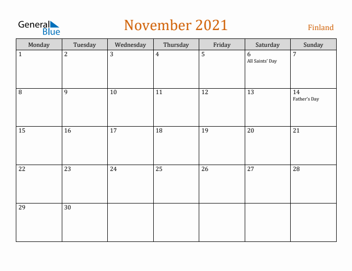 November 2021 Holiday Calendar with Monday Start