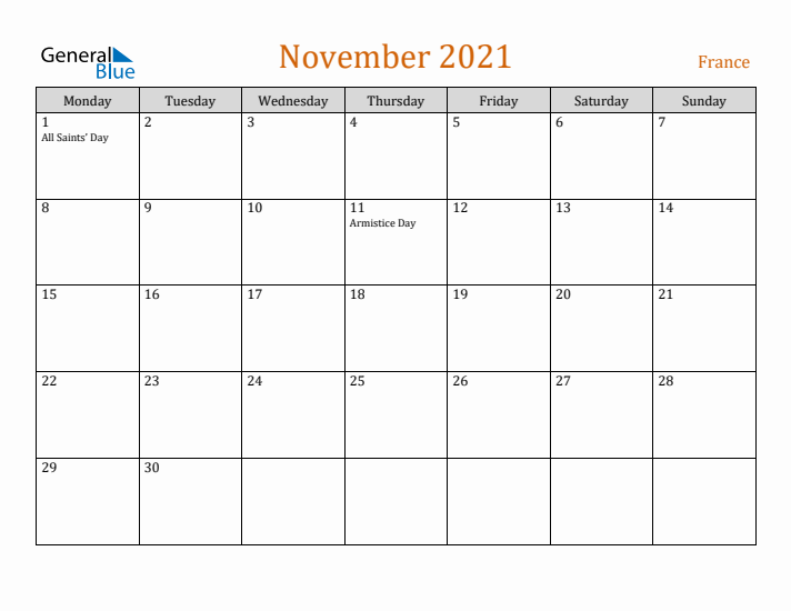 November 2021 Holiday Calendar with Monday Start