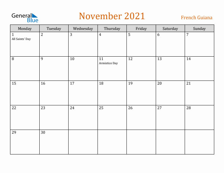 November 2021 Holiday Calendar with Monday Start