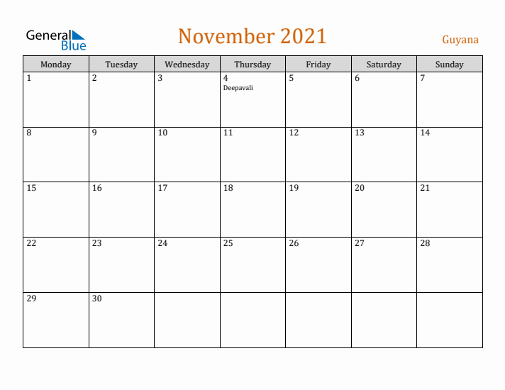 November 2021 Holiday Calendar with Monday Start