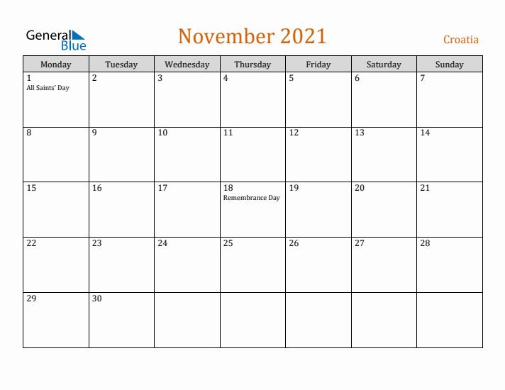 November 2021 Holiday Calendar with Monday Start