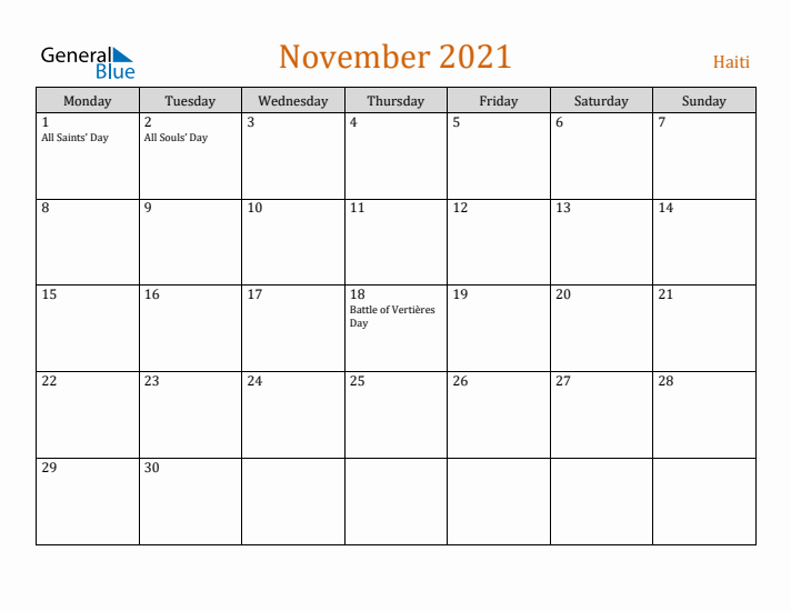 November 2021 Holiday Calendar with Monday Start