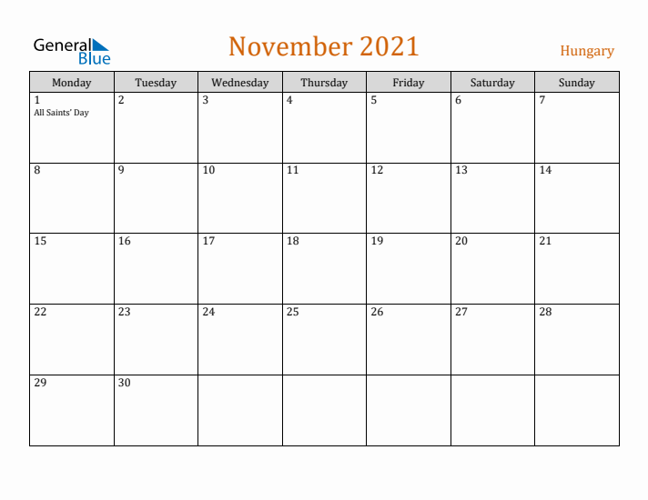 November 2021 Holiday Calendar with Monday Start